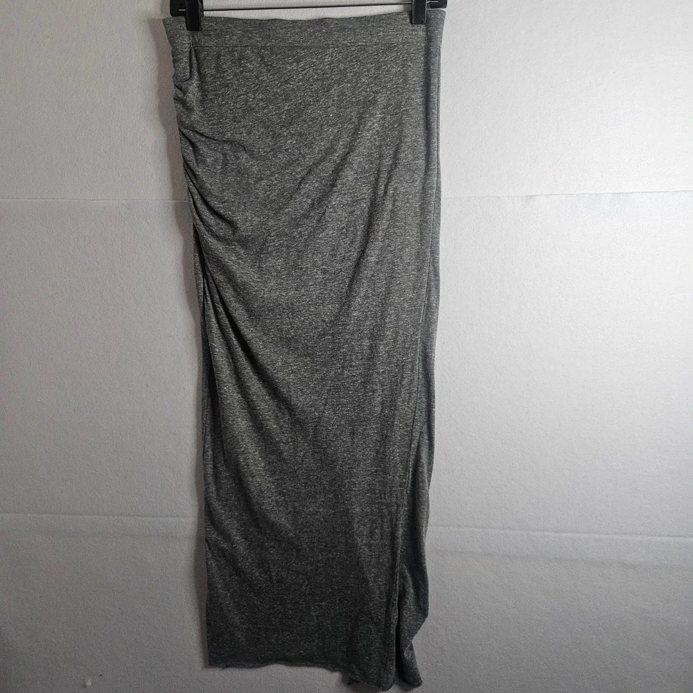 Pam & Gela Gray Ruched Maxi Skirt Heathered Jersey Wrap Front Slit Size P XS